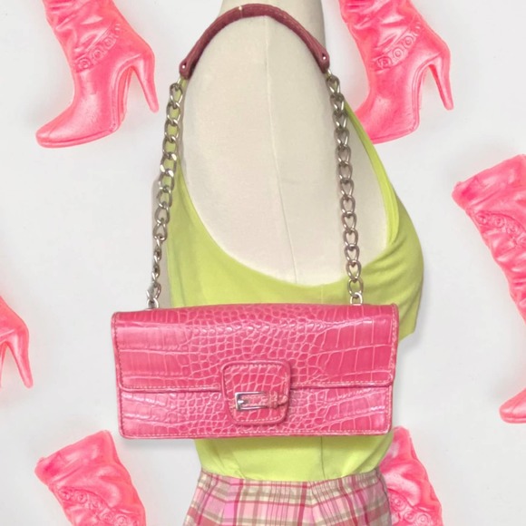 Liz Claiborne Handbags - Y2K Barbie Hot Pink Faux Leather Croc Print Buckle Purse Handbag